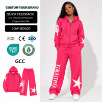 Ensemble jogging 2 pièces rose pour femme, en molleton, style streetwear, coupe classique, sweat-shirt imprimé en coton intégral et pantalon court à fermeture éclair