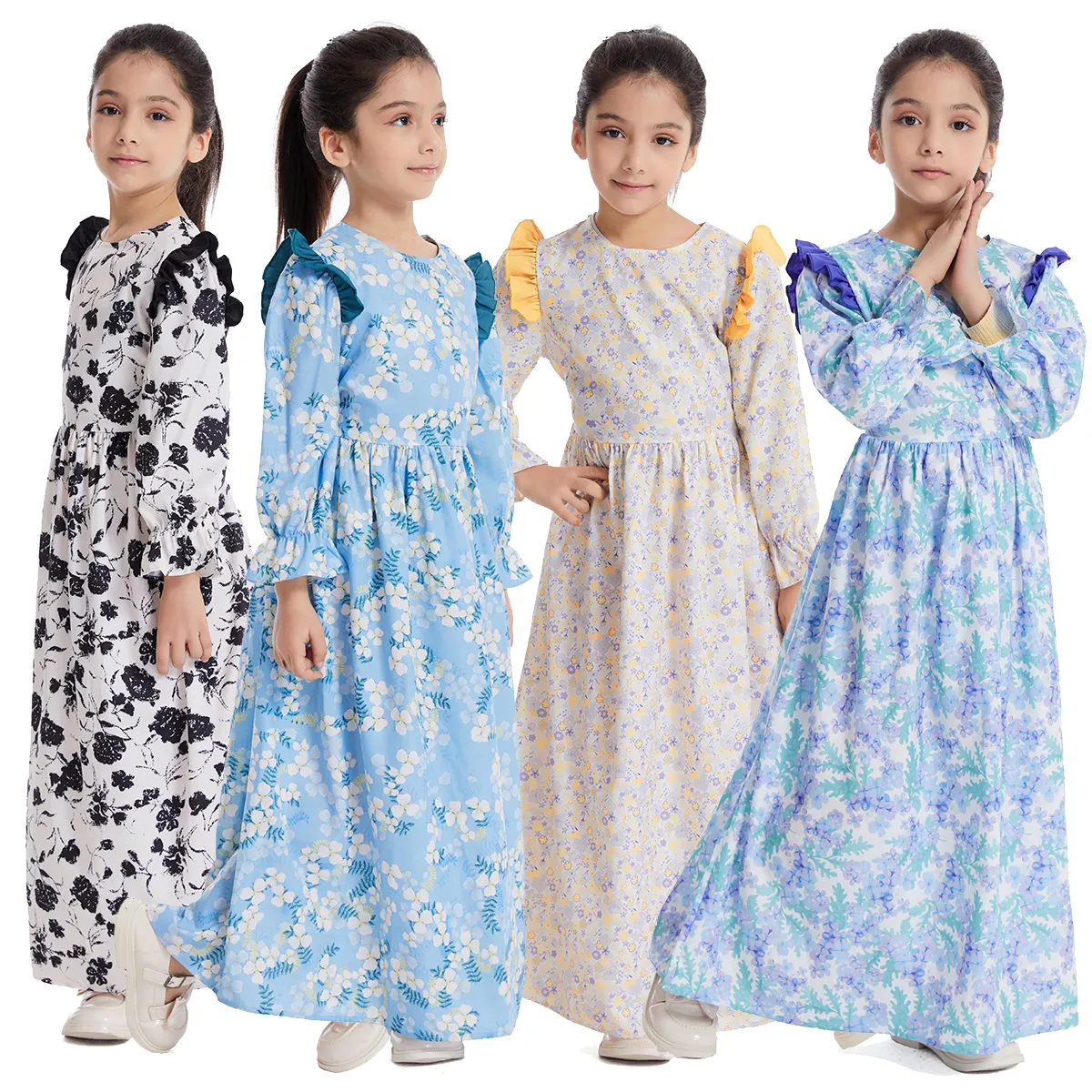 1062 꽃 긴 소매 맥시 아바야 이슬람 여자 드레스 어린이 패션 도매 긴 어린이 의류