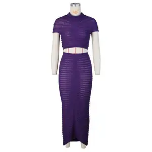 2024 пикантное трикотажное ажурное платье с коротким рукавом, комплект из 2 предметов с юбкой, женский длинный комплект макси, уличная одежда