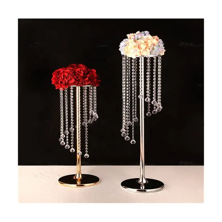 RG-509 geometrik çiçekler standı Metal gümüş çiçekler parti düğün için kristal orta süsü masa süslemeleri standı