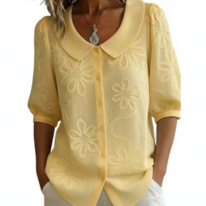 <b>Women's</b> Vintage Summer Breathable <b>Sequins</b> Embroidery O-Neck Collar Regular Sleeve Button <b>Shirt</b> Casual Regular-Fit Top T-<b>shirt</b> - Product Image 1