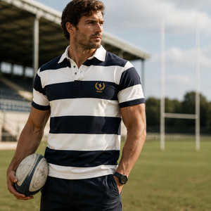 Chemises de rugby polo décontractées de haute qualité pour hommes, à manches courtes, rayées, en piqué de polyester, avec logo personnalisé - Product Image 1