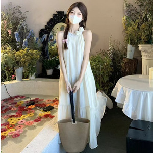 Halter Neck Dress Women Solid Color Breathable A Line Beach Vacation Wear - Product Image 3