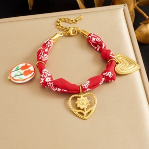 <b>Red</b> Fabric Printed Rope Chain Gold Plated Heart Flower Ceramic Pendant <b>Bracelet</b> Women's Everyday Wear - Product Image 1