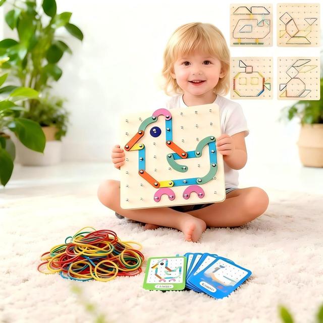 Wood Geo Board with Pattern Cards Rubber Bands Kids Preschooler Mathematical Manipulative Montessori Brain Teaser STEM Toys