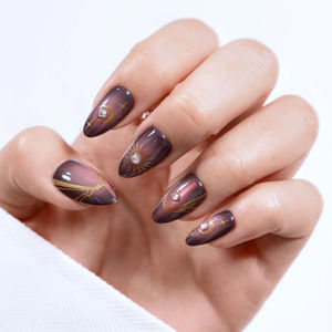 Uñas Postizas de Longitud Media con Forma de Almendra, 24 Piezas, Color Marrón Oscuro, Material ABS, Línea Dorada, Diseño de Arte de Uñas Personalizado con Sol y Luna Celestial - Product Image 1