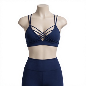 <b>Women's</b> Ribbed Seamless Crisscross Strap Sports Bra High Waist Yoga Set Solid <b>Navy</b> 2 Piece Quick Dry Activewear - Product Image 1