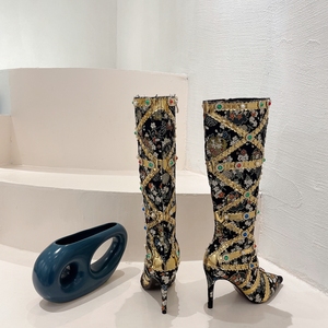 <span class=keywords><strong>Stivali</strong></span> Alti al Ginocchio da Donna Stile <span class=keywords><strong>Cowboy</strong></span> Etnico con Strass, Tacco Alto a Punta e Dettagli Metallici alla Moda - Product Image 5