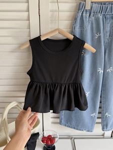 Set Pakaian Grosir untuk Balita Perempuan, Atasan Rajut Polos Tanpa Lengan dengan Ruffle + Celana Jeans Berpita, Set Pakaian 2 Pcs - Product Image 5