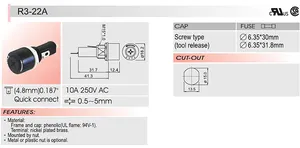 ताइवान एससीआई हाई वोल्टेज 10ए 250वी आर3-22ए फ्यूज होल्डर्स 6*30 बायोनेट स्क्रू प्रकार उच्च ब्रेकिंग क्षमता के साथ