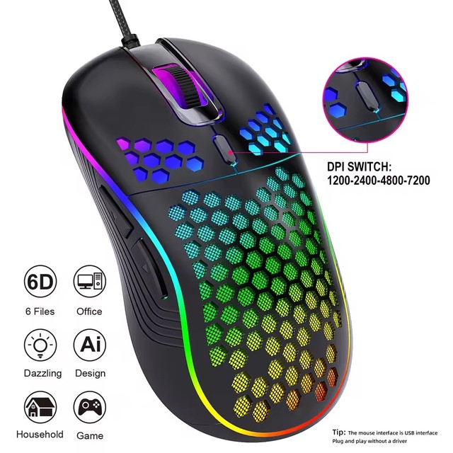 NEWEST 7200DPI Optical Gaming Mouse Ergonomic RGB USB Wired Mouses for Computer Office Gamer Mice Honeycomb Gaming Mouses