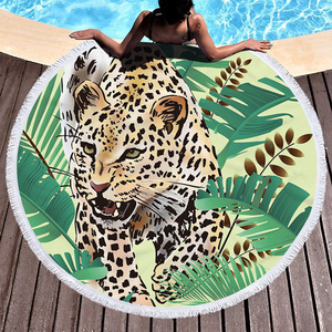 Jungle Cheetah Print Animal Green Palm Leaves Picnic Mat Manta de baño Toalla de playa redonda con borlas - Product Image 1