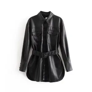 2021 fabrika Trendy moda siyah PU mont güzel rahat gevşek kadın uzun kuşaklı deri ceket