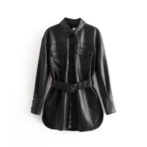 2021 Factory Trendy Fashion schwarz PU Mäntel schöne lässige lose Frauen lange Gürtel Lederjacke