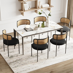 Best Selling <b>Dining</b> Room Kitchen Fabric Upholstered Rattan Back <b>Dining</b> <b>Chair</b> with Black Metal Legs - Product Image 2