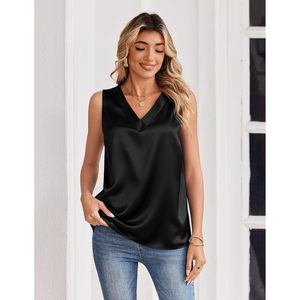 FOXA Débardeur en satin de soie pour femme, col en V, sans manches, chemisier décontracté, coupe régulière, chemise d'été - Product Image 3