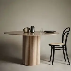 Meja makan kayu bulat padat Modern, ruang makan Nordik 4 tempat duduk, untuk rumah restoran furnitur makan