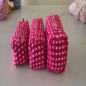 BLOCKPRINT ART Pink and white square Quilted 100% Cotton Foldable Multifunction <b>Toiletry</b> & Makeup Bag Set of 3 Eco-Friendly - Product Image 1