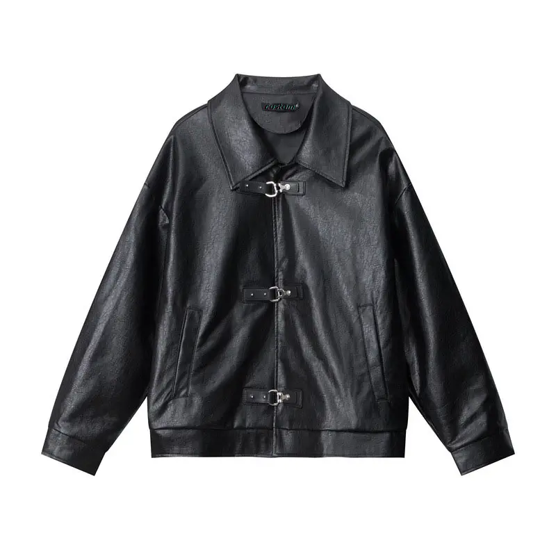 Logo personnalisé de haute qualité disque-bouton revers à manches longues veste pour hommes Streetwear à la mode décontracté manteau en cuir pour hommes