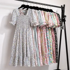 Moda vestidos verano vestidos manga corta estampado Floral elástico en el pecho de una línea de vestido de Midi de mujeres vestido ocasional de la gasa