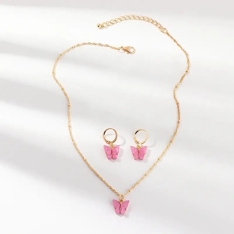 Wholesale Fashion Women Jewelry Colorful Acrylic Gold Plated Butterfly Necklace Earring Set Butterfly Pendant Jewelry Sets