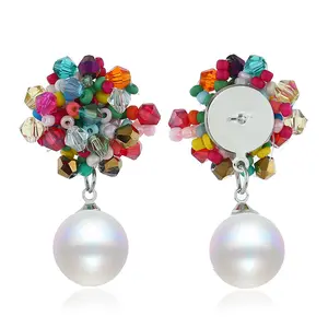 Vintage Handmade Style Simulated Pearl Beads Flower Stud Earrings Elegant Japan Korean Fashion Women Geometry Jewelry Girl Gifts