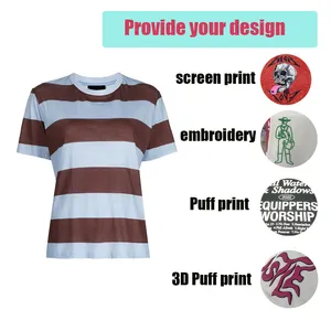 Striped T Shirts Women Casual Short Sleeve Striped Knit T-shirt Tee Shirt Wholesale Crop Top Striped Custom Logo O-neck Cotton