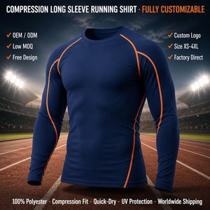 Kaos Lari Lengan Panjang Kompresi Khusus Pabrik dengan Jahitan Kontras untuk Pria Marathon Fitness Logo OEM - Product Image 1