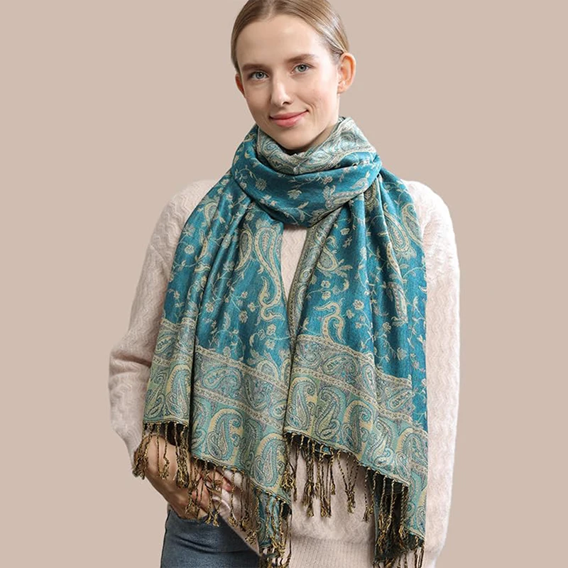 Soft Silky Reversible Paisley Pashmina Shawl Wrap Scarf w/Fringes