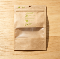 Sachet alimentaire personnalisé en kraft écologique végétalien avec fenêtre transparente, fermeture éclair et trou de suspension