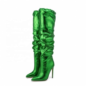 Big Size 47 Stiletto Style High Slim Heels Shoes Women Pointed Toe Pleated Knee High Boots on Top Stretch <b>Long</b> Booties - Product Image 6