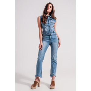 Jeans de Pierna Recta con Dobladillo Deshilachado en Azul - Product Image 5