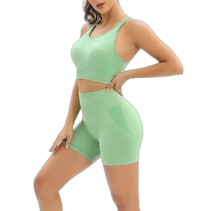 Conjunto de Yoga para Mujer, Shorts y Bra Deportivos de <span class=keywords><strong>Alta</strong></span> Elasticidad con Soporte en la Espalda, Tejido Sin Costuras, Transpirable, para Running y Fitness - Product Image 1