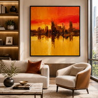 Peinture à l'huile abstraite de paysage urbain orange de luxe, peinte à la main, skyline urbain texturé, art mural sur toile, peinture à l'huile pour hôtel, bureau