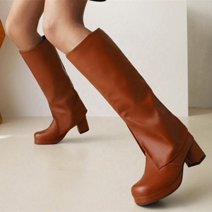 Retro Style <b>Round</b> <b>Toe</b> Thick <b>Heel</b> Winter Boots Women Slip-on Slit Trouser Leg Knee High Boots Comfortable Big Size 48 - Product Image 2
