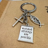 KC239 Porte-clés en alliage simple, géométrique et ajouré, avec pendentifs poisson, croix et bible, inspirant en anglais, style européen et américain, meilleure vente