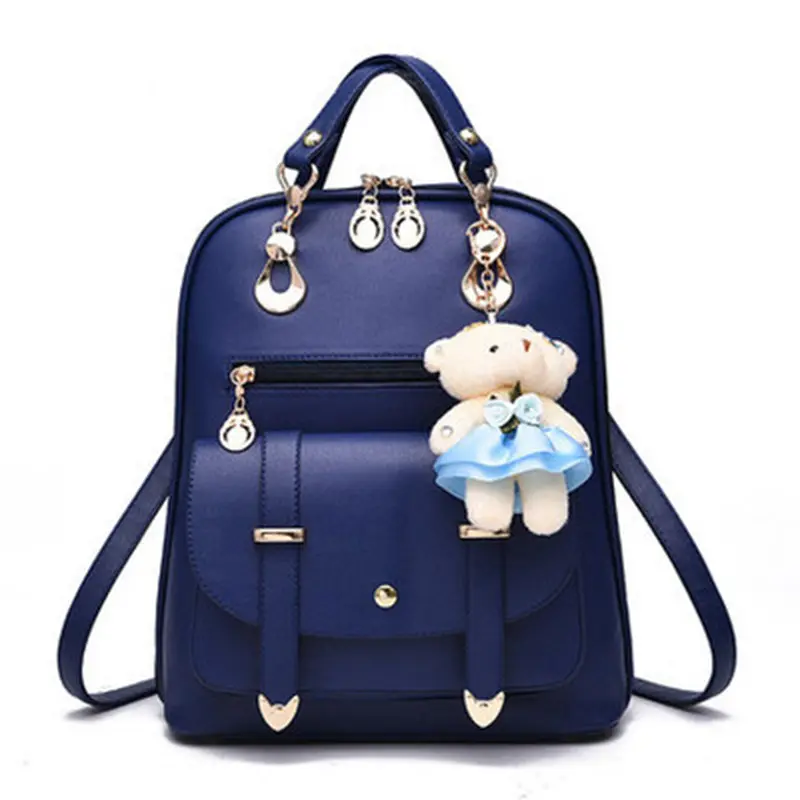 Popular Girl Cute Mini School Backpack Girls Cartoon Pattern Pu Leather Bear Pendant Backpack Travel Ladies Bag