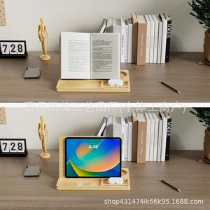 Étagère de bureau en bois, support à livres triangulaire en bambou, support pour téléphone, support de rangement pour lunettes et écouteurs - Product Image 1