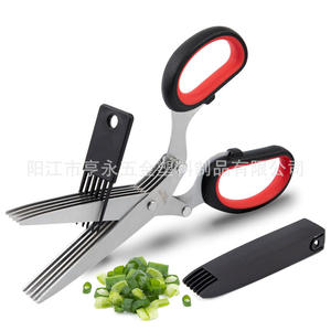 Tijeras de cocina de acero inoxidable de cinco capas, 5 pulgadas, negras y rojas, con cabeza recta, para cortar hierbas y verduras, para uso doméstico. - Product Image 3