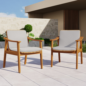 Modern Outdoor Dining Chairs Set of 2 Teak Color Acacia Wood <b>Frame</b> Brown PE Wicker <b>Grey</b> Waterproof Cushion for Home & Hotel Use - Product Image 2