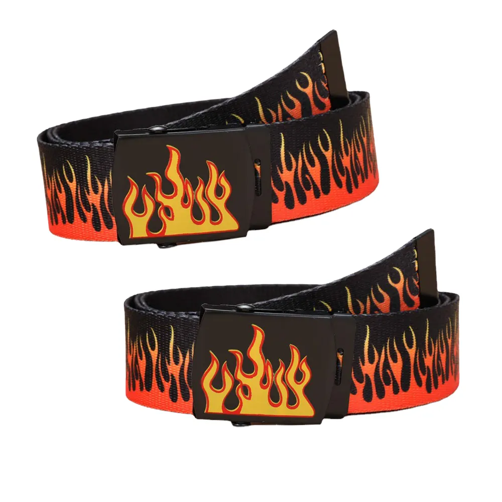 Free Punching Ins Trendy Boys Men's Flame Wide Belt Lazy Casual Hip-Hop Woven Belts Jeans Street Fire Flame Canvas Belts