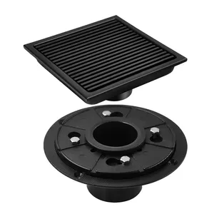 Black 6 Inch Square Shower Drain Floor Drain with ABS Drain Base Tombino Style Grate Stainless Steel Construction 2 Inch Outlet