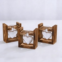 Mini vase à fleurs en forme de cœur, support en bois, vase en verre, petit vase hydroponique créatif, décoration de bureau, terrarium