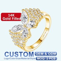 Réduire les bijoux après-vente couleur longue durée bague remplie d'or 14 carats bague en moissanite design papillon de luxe en argent 925