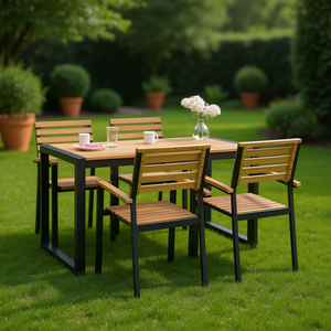 Ensemble de table de jardin en bois naturel et noir, 4 places, mobilier d'extérieur, design élégant, résistant aux intempéries - Product Image 2