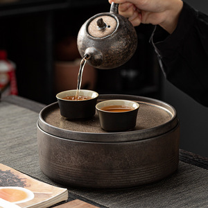 Plateau à thé rond en céramique avec réservoir d'eau, design minimaliste pour usage domestique - Product Image 3
