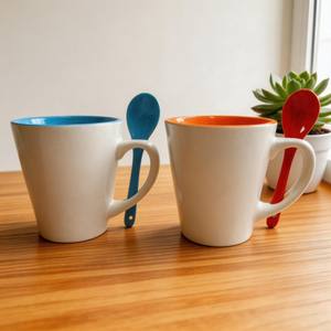 HARVIT White Ceramic Inner Color Glazed Contemporary V-Shape Porcelain Coffee Mug/Cups with Spoon <strong>Cheap</strong> Wholesale Tea Mug Hunan - Product Image 1