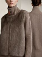 Cardigan en tricot pour femme à col montant, effet deux pièces, avec fermeture éclair, en cachemire épais, ouvert sur le devant, avec bordure en fourrure de vison