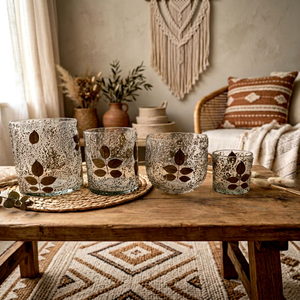 Porte-bougie décoratif en verre à motif feuille bohème, pot texturé transparent, passe au lave-vaisselle, centre de table pour la maison, les mariages et la décoration de table à manger - Product Image 1