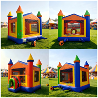 Château gonflable commercial arc-en-ciel vibrant, modèle classique avec entrée tunnel arqué, idéal pour la location d'événements extérieurs